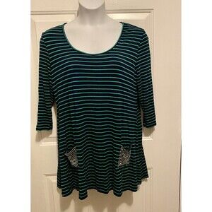 SOFT SURROUNDINGS XL‎ Tunic Shirt Dress Blue Green Stripes Gold Studded Women’s